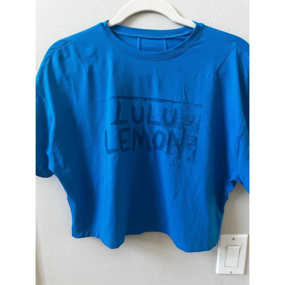 Lululemon Ed Curtis Train to Be Short Sleeve Crop Top Blue Graphic Tee